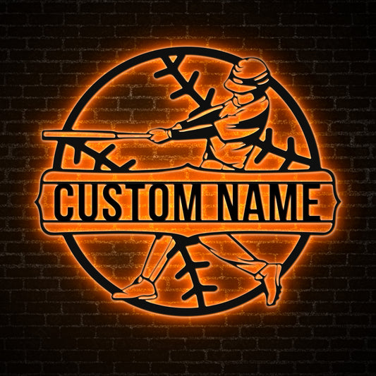 Custom Baseball Player Metal Sign With LED Light, Personalized Baseball Metal Wall Art Decor, Boys Baseball Gifts