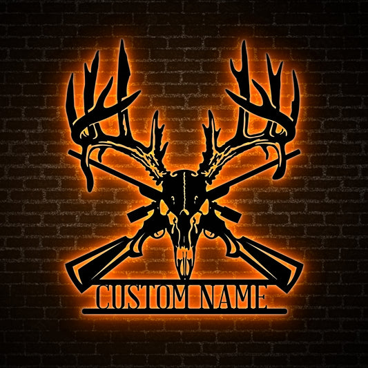 Custom Deer Skull Hunting Metal Wall Art LED Light, Personalized Deer Hunter Name Sign Decoration For Room