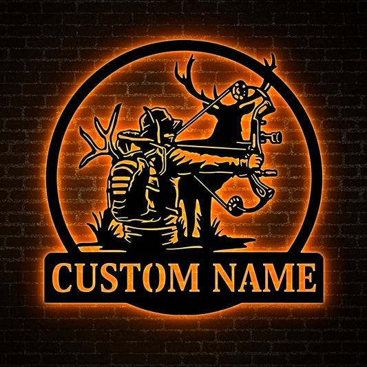 Custom Bow Hunting Metal Wall Art LED Light, Personalized Bow Hunting Name Sign Decoration For Home
